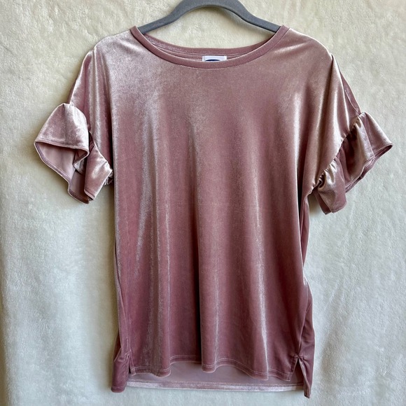Old Navy Tops - Old Navy Mauve Dusty Rose Pink Velvet Short Sleeve Top Velour Ruffle Sleeve XL